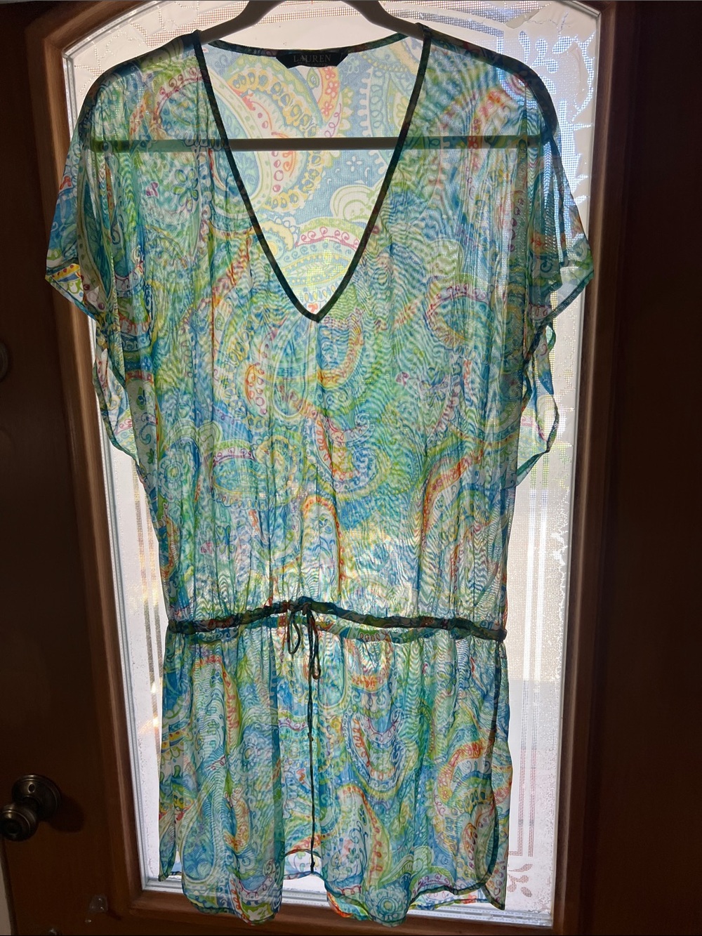 Lauren Ralph Lauren Multicolor Sheer Paisley V-Neck Beach Cover Dress, Sz‎ L - Picture 2 of 8